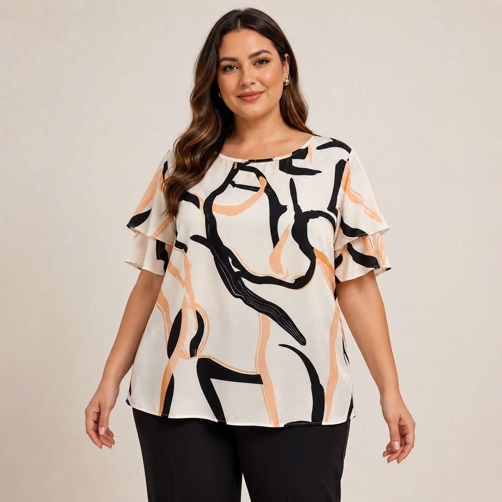 Shein 3X Abstract Print Tiered Sleeve Blouse Apricot Black Career Office Top